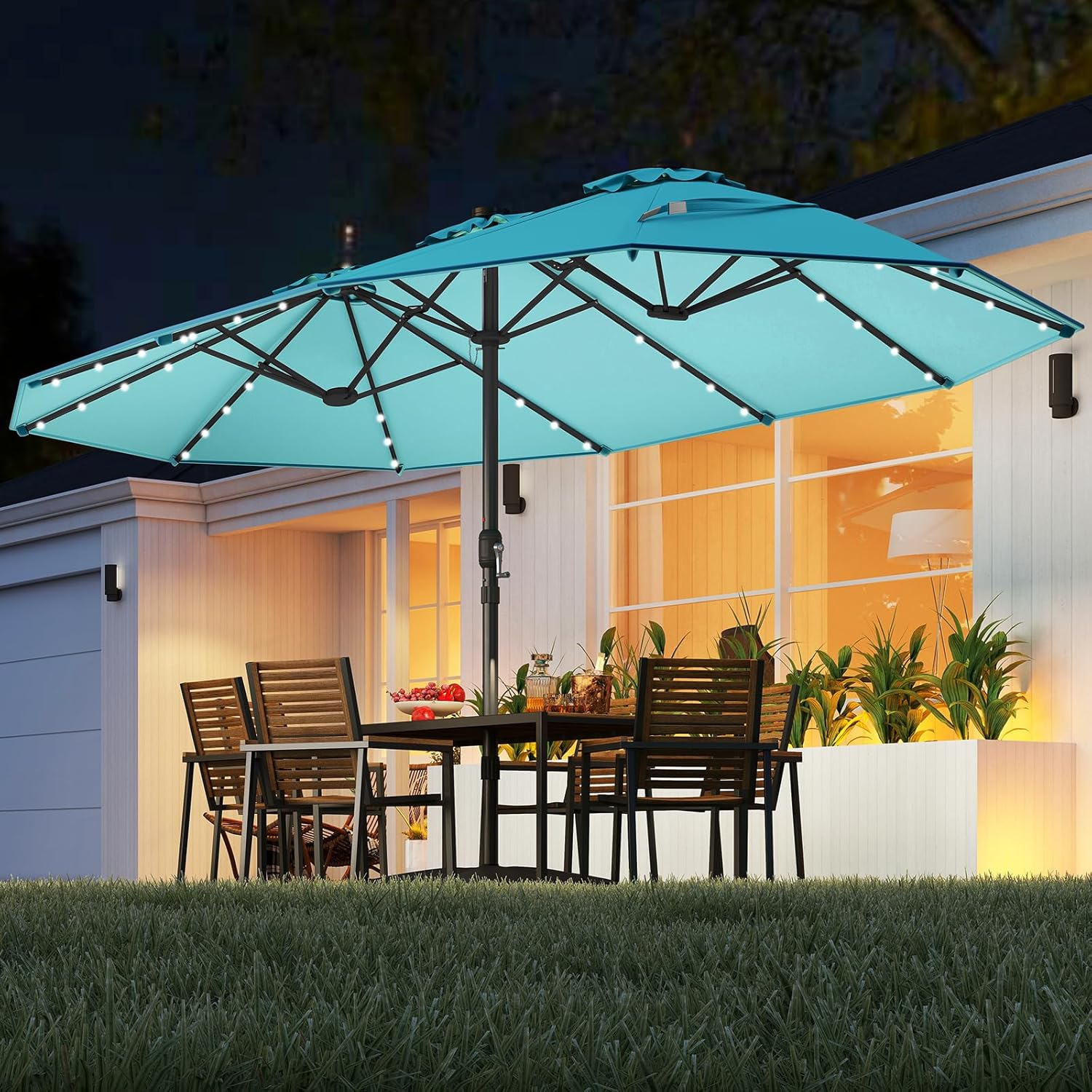 Outdoor Furniture Umbrella - 15FT Double-Sided Solar Patio Umbrella, Extra-Large