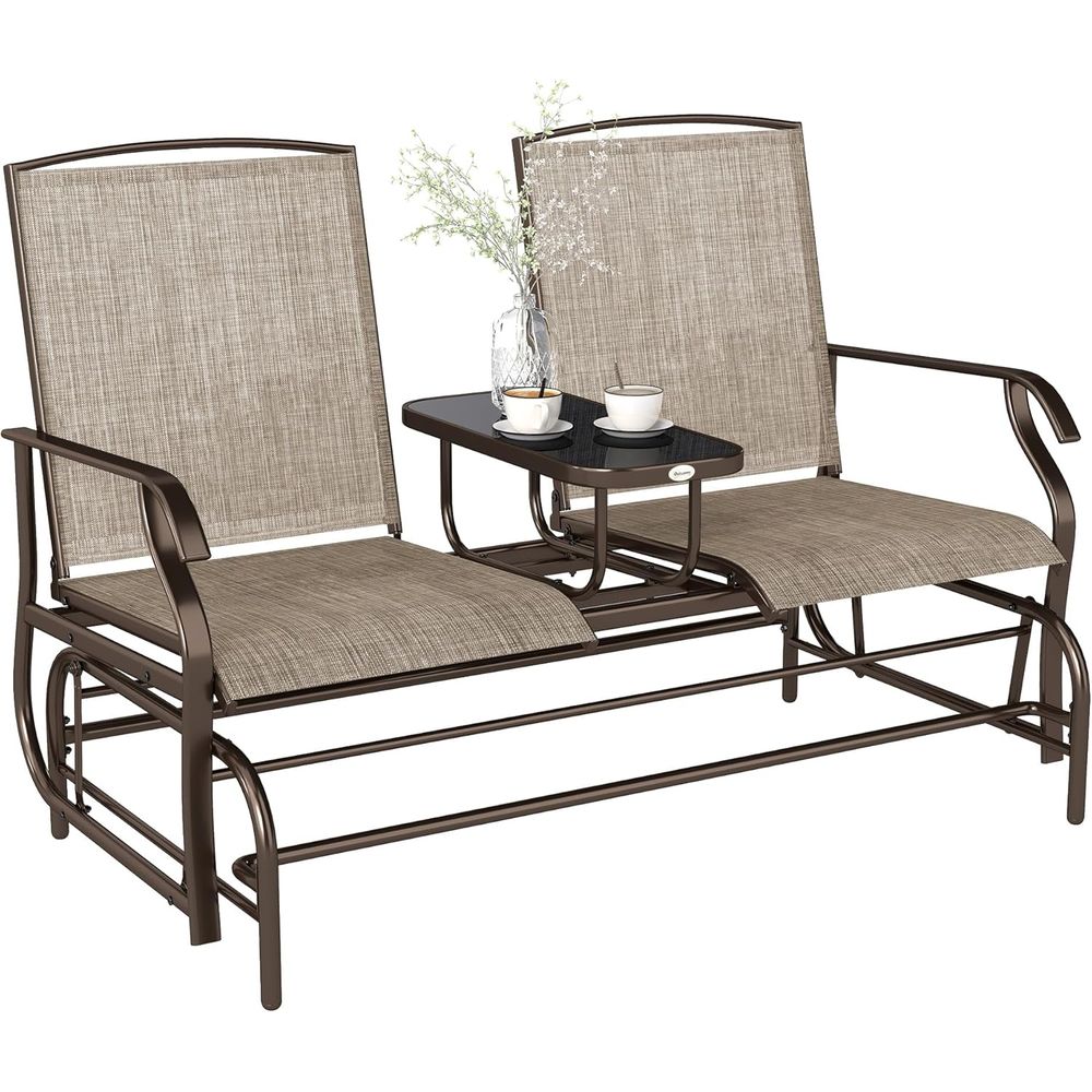 Garden Bench Metal - Outdoor Glider Bench with Center Table,