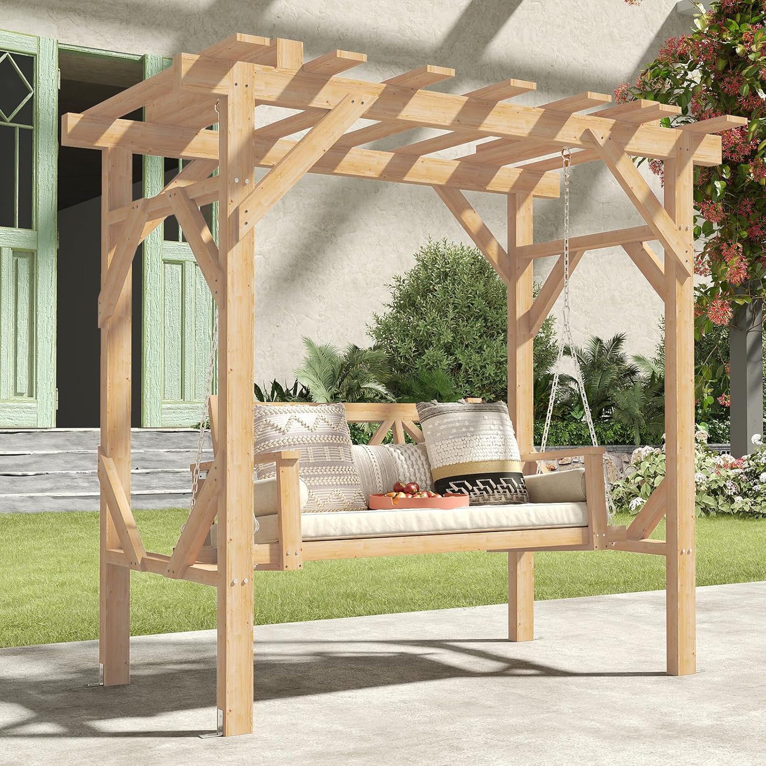 Cedar Wood Pergola Swing Bench - Garden Bench Metal ulasan dan harga