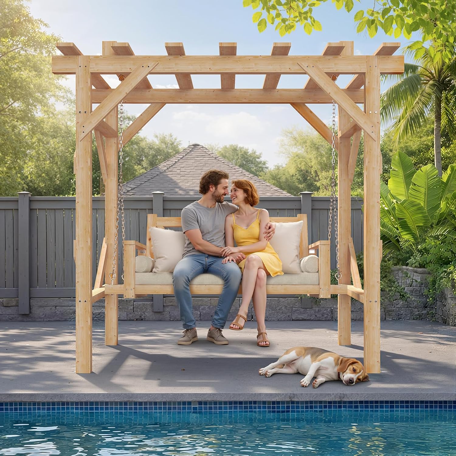 Cedar Wood Pergola Swing Bench - Garden Bench Metal ulasan dan harga